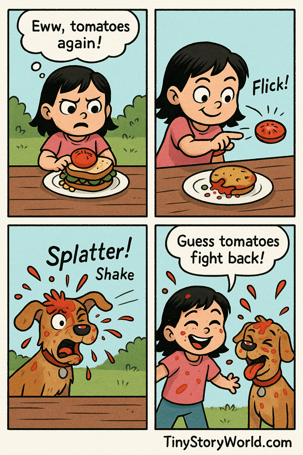 "Comic with Winnie" - A multi-panel AI-generated comic starring Winnie. The comic shows: Winnie, wearing a shirt that says “Winnie" is scrunching up their face in disgust, eyes wide, staring at the tomato.
Text (thought bubble): “Eww, tomatoes again!”, then Tomato flying through the air, Winnie looking sneaky and hopeful.
Text (sound effect): “Flick!”, then Dog with tomato squished on its nose, eyes wide, shaking off tomato juice everywhere.
Text (sound effect): “Splatter! Shake shake!”, then Both laughing, tomato juice dripping, playful mess everywhere.
Text (speech bubble - Winnie): “Guess tomatoes fight back!”
At the bottom right corner of the comic, add "TinyStoryWorld.com" as a signature. Make sure that it is fully visible