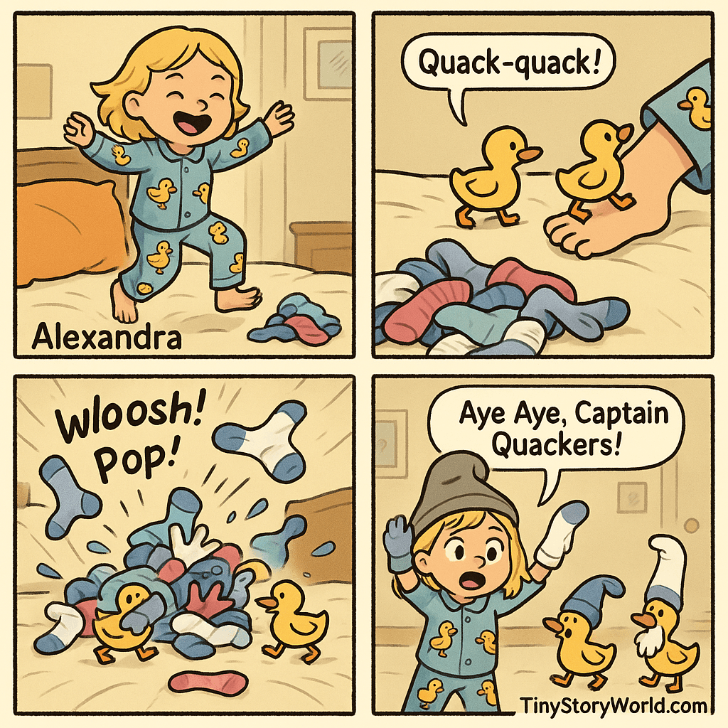 "5-year-old Alexandra's Magical Duck Pajamas" - A multi-panel AI-generated comic starring Alexandra. The comic shows: Alexandra, laughing, his pajamas say "Alexandra" on them, jumping on their bed. A pile of socks can be seen nearby, then Three little cartoon duck patches, now real, parade in a line from Alexandra’s pajamas across the bed.
Text (sound effect):
“Quack-quack!”, then Socks flying, ducks peeking out of the sock pile, Alexandra with socks on his head and hands.
Text (sound effect):
“Whoosh! Pop!”, then Goofy faces, everyone with socks as hats (even one duck with a sock beard), pillow “treasure” nearby, everyone giggling.
Text (speech bubble - Alexandra):
“Aye Aye, Captain Quackers!”
Make sure that there is no title showing on this comic.
At the bottom right corner of the comic, add "TinyStoryWorld.com" as a signature. Make sure that it is fully visible