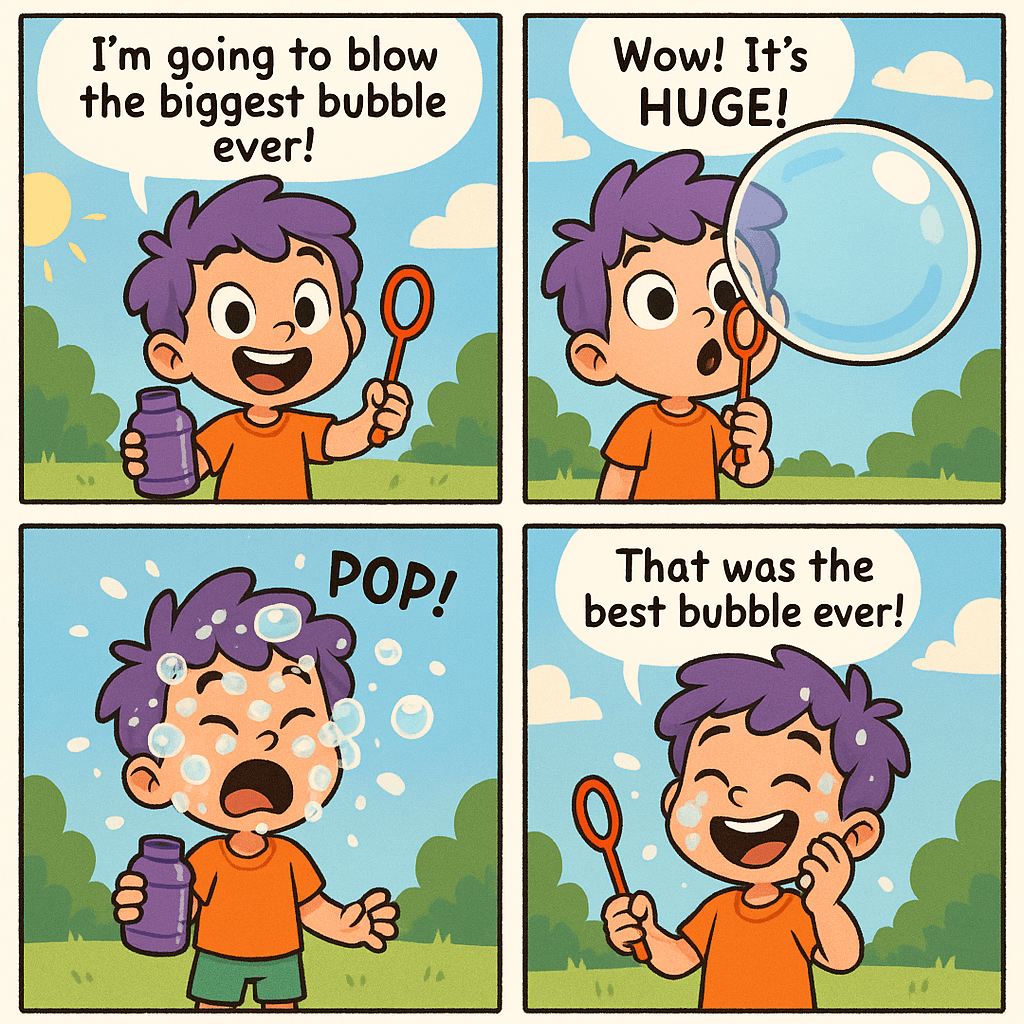 "Comic with Bean" - A multi-panel AI-generated comic starring Bean. The comic shows: Bean smiling with wide eyes, wearing a shirt that says "Bean", is holding a big bubble wand. Bright sunny day, simple background with grass and a tree.
Text (speech bubble): “I’m going to blow the biggest bubble ever!”, then The bubble is very big, almost as big as Bean's head, and it’s wobbling. Bean's eyes are wide with excitement.
Text (speech bubble): “Wow! It’s HUGE!”, then Bean's face is covered in soap bubbles, his eyes closed, mouth open in surprise. Soap bubbles floating around.
Text (sound effect): “POP!”, then Bean giggling, wiping bubbles off his cheek, happy and playful.
Text (speech bubble): “That was the best bubble ever!”