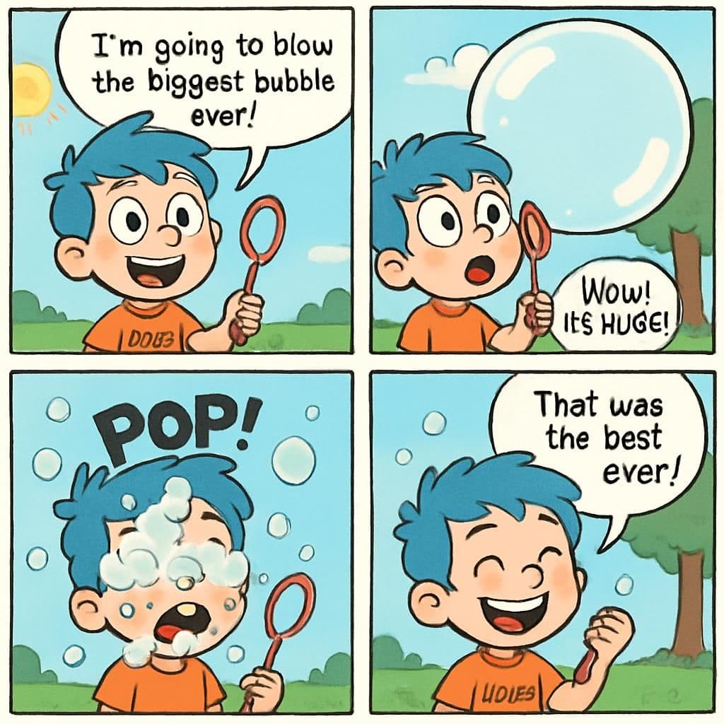 "Comic with Bobby" - A multi-panel AI-generated comic starring Bobby. The comic shows: Bobby smiling with wide eyes, wearing a shirt that says "Bobby", is holding a big bubble wand. Bright sunny day, simple background with grass and a tree.
Text (speech bubble): “I’m going to blow the biggest bubble ever!”, then The bubble is very big, almost as big as Bobby's head, and it’s wobbling. Bobby's eyes are wide with excitement.
Text (speech bubble): “Wow! It’s HUGE!”, then Bobby's face is covered in soap bubbles, his eyes closed, mouth open in surprise. Soap bubbles floating around.
Text (sound effect): “POP!”, then Bobby giggling, wiping bubbles off his cheek, happy and playful.
Text (speech bubble): “That was the best bubble ever!”