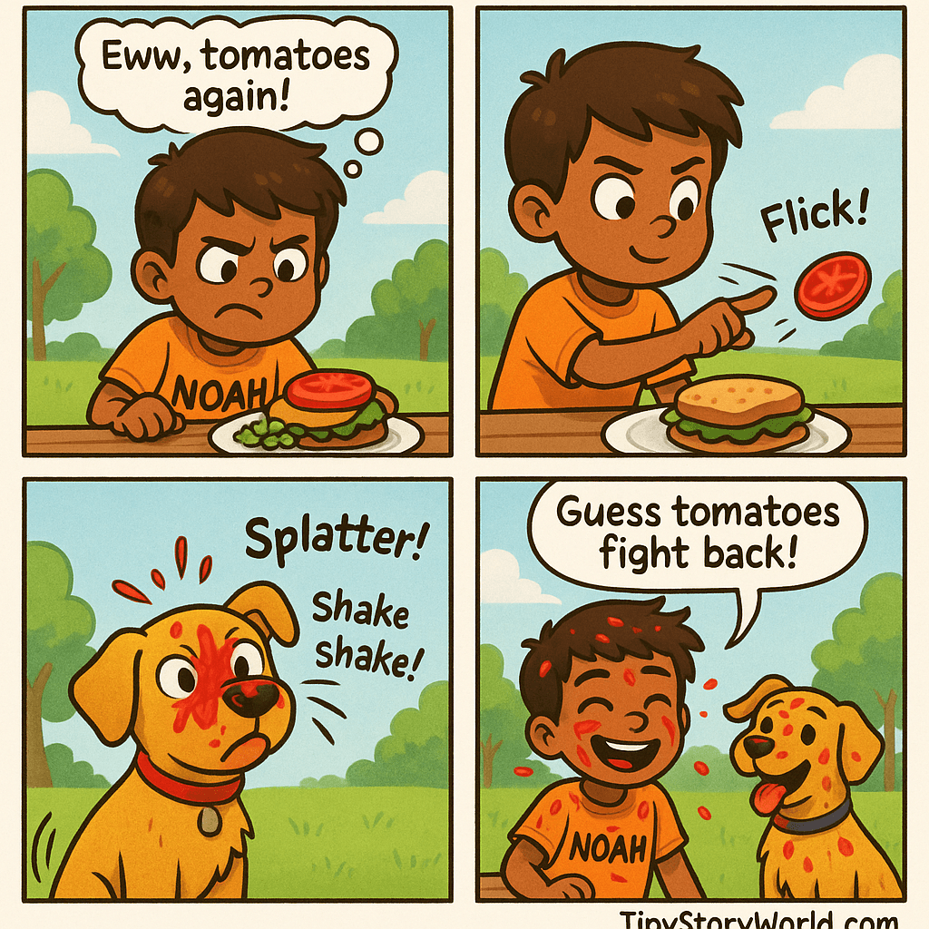 "Comic with Noah" - A multi-panel AI-generated comic starring Noah. The comic shows: Noah, wearing a shirt that says “Noah" is scrunching up their face in disgust, eyes wide, staring at the tomato.
Text (thought bubble): “Eww, tomatoes again!”, then Tomato flying through the air, Noah looking sneaky and hopeful.
Text (sound effect): “Flick!”, then Dog with tomato squished on its nose, eyes wide, shaking off tomato juice everywhere.
Text (sound effect): “Splatter! Shake shake!”, then Both laughing, tomato juice dripping, playful mess everywhere.
Text (speech bubble - Noah): “Guess tomatoes fight back!”
At the bottom right corner of the comic, add "TinyStoryWorld.com" as a signature
