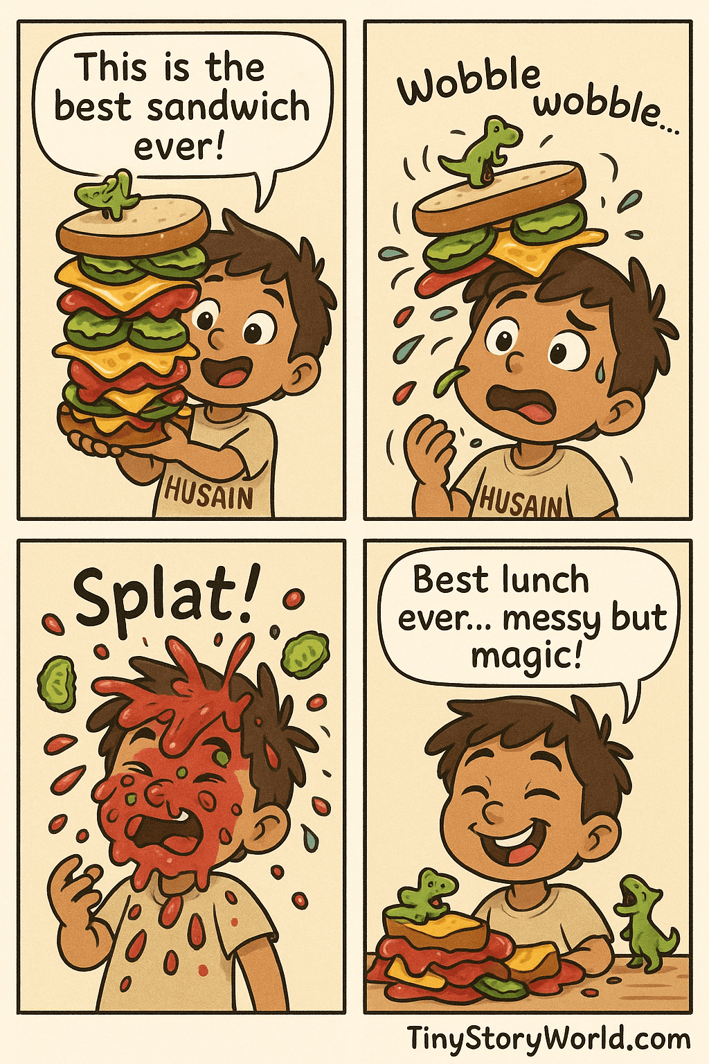 "Comic with Husain" - A multi-panel AI-generated comic starring Husain. The comic shows: Husain, wearing a shirt that says “Husain”, is grinning proudly, sandwich towering over his head.
Text (speech bubble - Husain): “This is the best sandwich ever!”, then Sandwich tilting, fillings flying out, Husain’s eyes wide in surprise.
Text (sound effect): “Wobble wobble…”, then Jelly and pickles flying everywhere, Husain’s face covered in goo, toy dinosaur flying off.
Text (sound effect): “Splat!”, then Husain giggling, messy but happy, tiny dinosaur standing on the sandwich ruins.
Text (speech bubble - Husain): “Best lunch ever… messy but magic!”
At the bottom right corner of the comic, add "TinyStoryWorld.com" as a signature. Make sure that it is fully visible