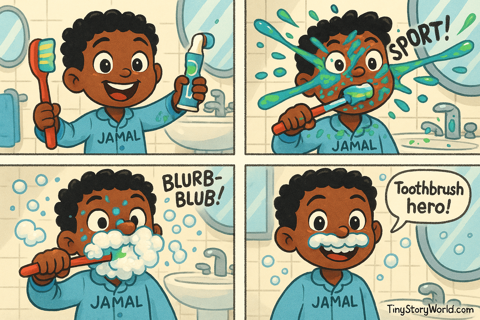 "Comic with Jamal" - A multi-panel AI-generated comic starring Jamal. The comic shows: Jamal is wearing pajamas that say "Jamal" and his eyes sparkle with anticipation. A tube of toothpaste is ready. The energy is off the charts—today is “toothbrushing adventure” day, then Toothy green and blue stripes of paste rocket everywhere—splatting onto the mirror, kid’s cheeks, and even the toothbrush’s handle.
Text (sound effect): “SPLORT!”, then Jamal looks surprised and silly, fighting a foamy toothbrush while soap bubbles bounce around the room.
Text (sound effect): “Blurb-blub!”, then Jamal’s face and hair are covered in leftover suds, but they look proud and happy.
Text (speech bubble): “Toothbrush hero!”
At the bottom right corner of the comic, add "TinyStoryWorld.com" as a signature. Make sure that it is fully visible