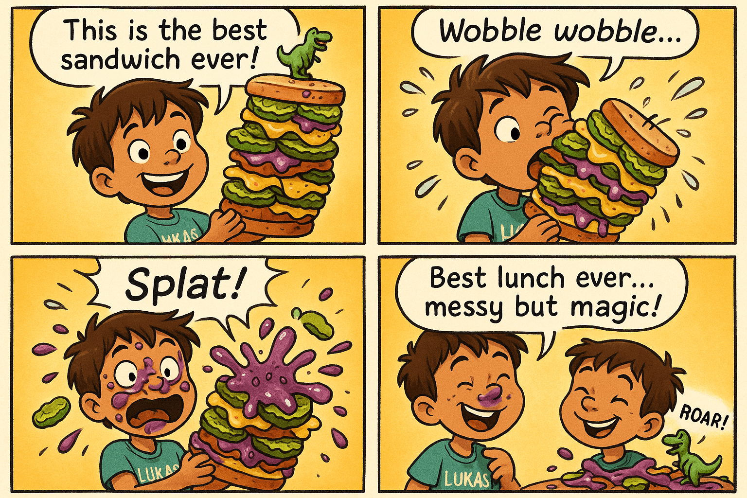 "Comic with Lukas" - A multi-panel AI-generated comic starring Lukas. The comic shows: Lukas, wearing a shirt that says “Lukas”, is grinning proudly, sandwich towering over his head.
Text (speech bubble - Lukas): “This is the best sandwich ever!”, then Sandwich tilting, fillings flying out, Lukas’s eyes wide in surprise.
Text (sound effect): “Wobble wobble…”, then Jelly and pickles flying everywhere, Lukas’s face covered in goo, toy dinosaur flying off.
Text (sound effect): “Splat!”, then Lukas giggling, messy but happy, tiny dinosaur standing on the sandwich ruins.
Text (speech bubble - Lukas): “Best lunch ever… messy but magic!”