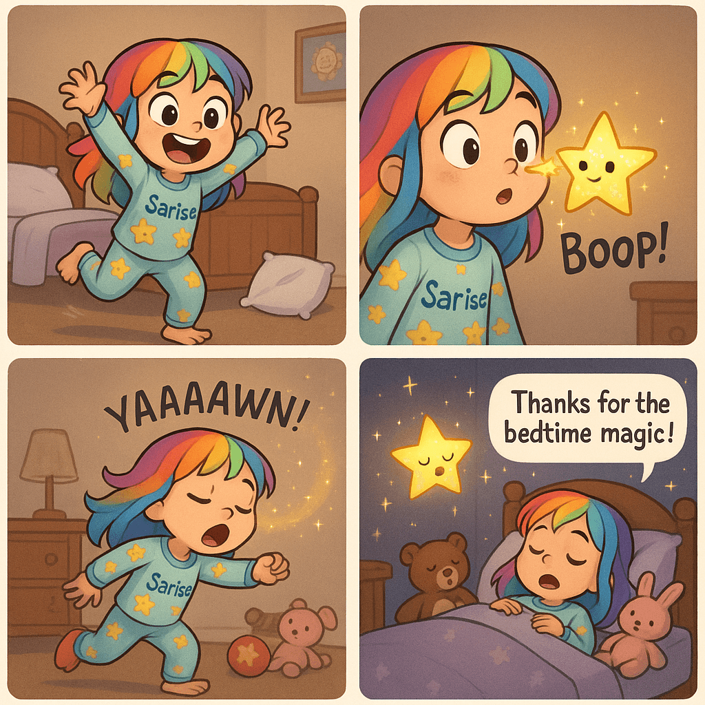 "Comic with Sarise" - A multi-panel AI-generated comic starring Sarise. The comic shows: Sarise is wearing pajamas that say "Sarise" and is covered in smiling stars. They are bouncing, pillow falling off the bed, with a big smile and wide eyes, then A pajama star hovering in front of Sarise’s surprised face, her eyes crossing to watch it.
Text (sound effect):
“Boop!”, then Sarise mid-chase, wide-mouthed yawn, little sparkles trailing from the star, toys looking sleepy too.
Text (sound effect):
“Yaaaaawn!”