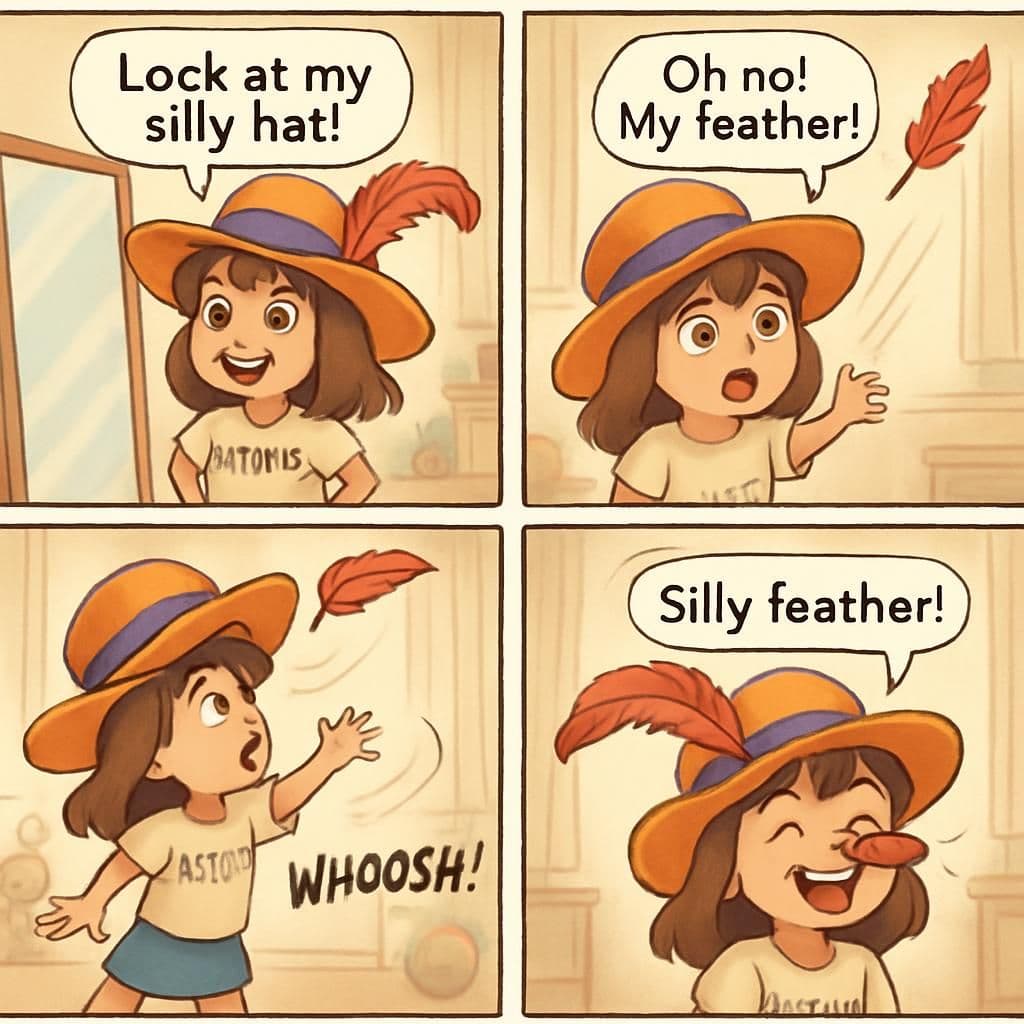 "Comic with Artemis" - A multi-panel AI-generated comic starring Artemis. The comic shows: Artemis smiling excitedly in front of a mirror is wearing a shirt that says "Artemis" and is in a bright room with a few toys around.
Text (speech bubble): “Look at my silly hat!”, then Artemis’s eyes widen as the feather flies away, her hat stays on her head but looks a little plain now.
Text (speech bubble): “Oh no! My feather!”, then Artemis stretching her arms, standing on tiptoes, with a determined but playful face.
Text (sound effect): “Whoosh!”, then Artemis laughing with the feather comically stuck on her nose, bright and cheerful.
Text (speech bubble): “Silly feather!”