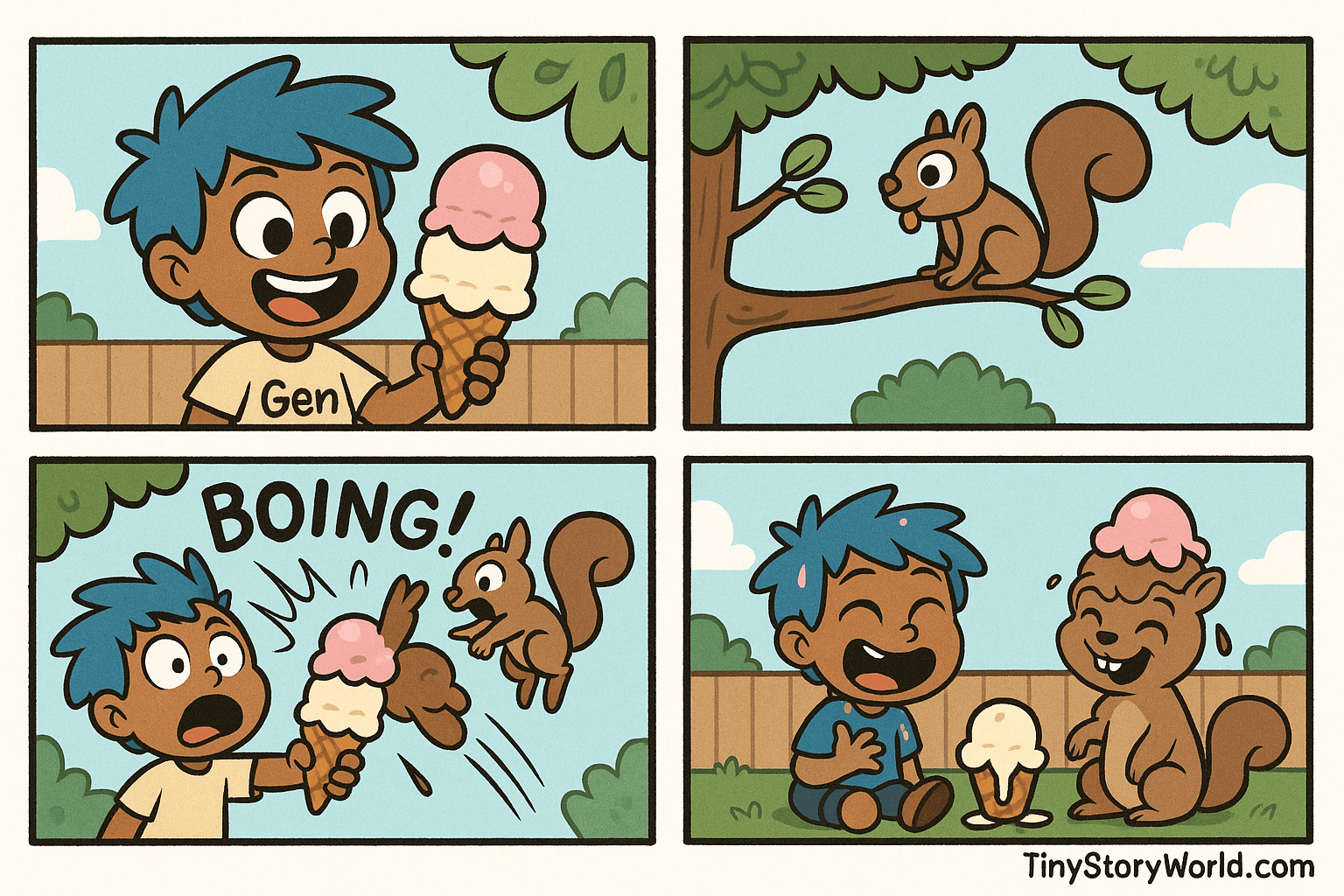 "Ice Cream and Squirrel Fun with 8-year-old Gen" - A multi-panel AI-generated comic starring Gen. The comic shows: Gen, wearing a shirt that says “Gen", is grinning, eyes wide with excitement, getting ready for a big bite, then Squirrel, eyes locked on the ice cream, tongue sticking out slightly, then Gen’s surprised face, ice cream scoops flying, squirrel mid-air.
Text (sound effect): "BOING!", then Both smiling, ice cream dripping everywhere, cheerful and silly.
Text (sound effect): None
At the bottom right corner of the comic, add "TinyStoryWorld.com" as a signature. Make sure that it is fully visible.
Page Layout: Landscape