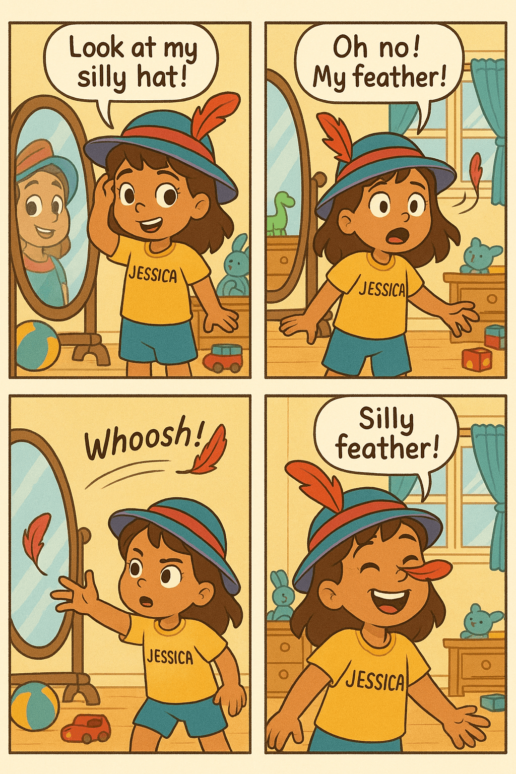 "Comic with Jessica" - A multi-panel AI-generated comic starring Jessica. The comic shows: Jessica smiling excitedly in front of a mirror is wearing a shirt that says "Jessica" and is in a bright room with a few toys around.
Text (speech bubble): “Look at my silly hat!”, then Jessica’s eyes widen as the feather flies away, her hat stays on her head but looks a little plain now.
Text (speech bubble): “Oh no! My feather!”, then Jessica stretching her arms, standing on tiptoes, with a determined but playful face.
Text (sound effect): “Whoosh!”, then Jessica laughing with the feather comically stuck on her nose, bright and cheerful.
Text (speech bubble): “Silly feather!”