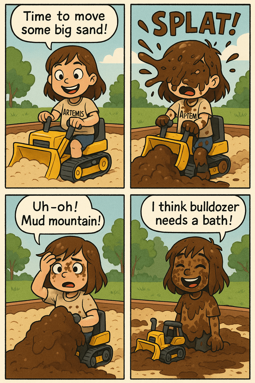 "Comic with Artemis" - A multi-panel AI-generated comic starring Artemis. The comic shows: Artemis, wearing a shirt that says “Artemis” is grinning excitedly, hands on the bulldozer’s controls.
Text (speech bubble): “Time to move some big sand!”, then Mud splashes everywhere, covering Artemis’s face and shirt.
Text (sound effect): “SPLAT!”, then Artemis with big wide eyes and muddy hands, bulldozer happily “working.”
Text (speech bubble): “Uh-oh! Mud mountain!”, then Artemis giggling, muddy and messy, bulldozer wheels spinning but stuck.
Text (speech bubble): “I think bulldozer needs a bath!”