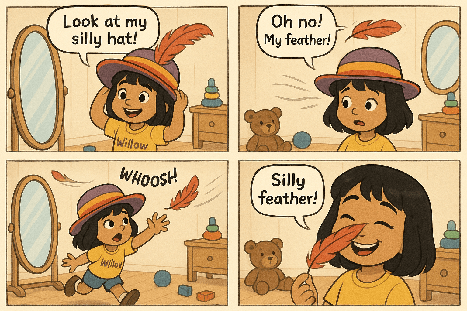 "Comic with Willow" - A multi-panel AI-generated comic starring Willow. The comic shows: Willow smiling excitedly in front of a mirror is wearing a shirt that says "Willow" and is in a bright room with a few toys around.
Text (speech bubble): “Look at my silly hat!”, then Willow’s eyes widen as the feather flies away, her hat stays on her head but looks a little plain now.
Text (speech bubble): “Oh no! My feather!”, then Willow stretching her arms, standing on tiptoes, with a determined but playful face.
Text (sound effect): “Whoosh!”, then Willow laughing with the feather comically stuck on her nose, bright and cheerful.
Text (speech bubble): “Silly feather!”