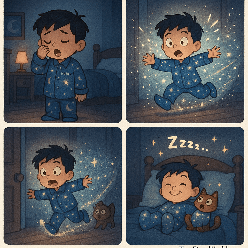 "Comic with Nahyan" - A multi-panel AI-generated comic starring Nahyan. The comic shows: Nahyan is yawning and rubbing his eyes, his pajamas say "Nahyan" on them and are glowing faintly in the dim room, then Nahyan sliding, arms flailing, eyes wide, trailing sparkling lights behind him.
Text (sound effect):
“Wooooosh!”, then Nahyan runs past (leaving a starry streak), a cat is mid-jump and hair on end.
Text (sound effect):
“Zing!”, then Both Nahyan and the cat look happily surprised and snuggly, stars twinkling around them.
Text (speech bubble - Nahyan):
(None—just both smiling and a twinkling “Zzz...” above their heads)
At the bottom right corner of the comic, add "TinyStoryWorld.com" as a signature. Make sure that it is fully visible