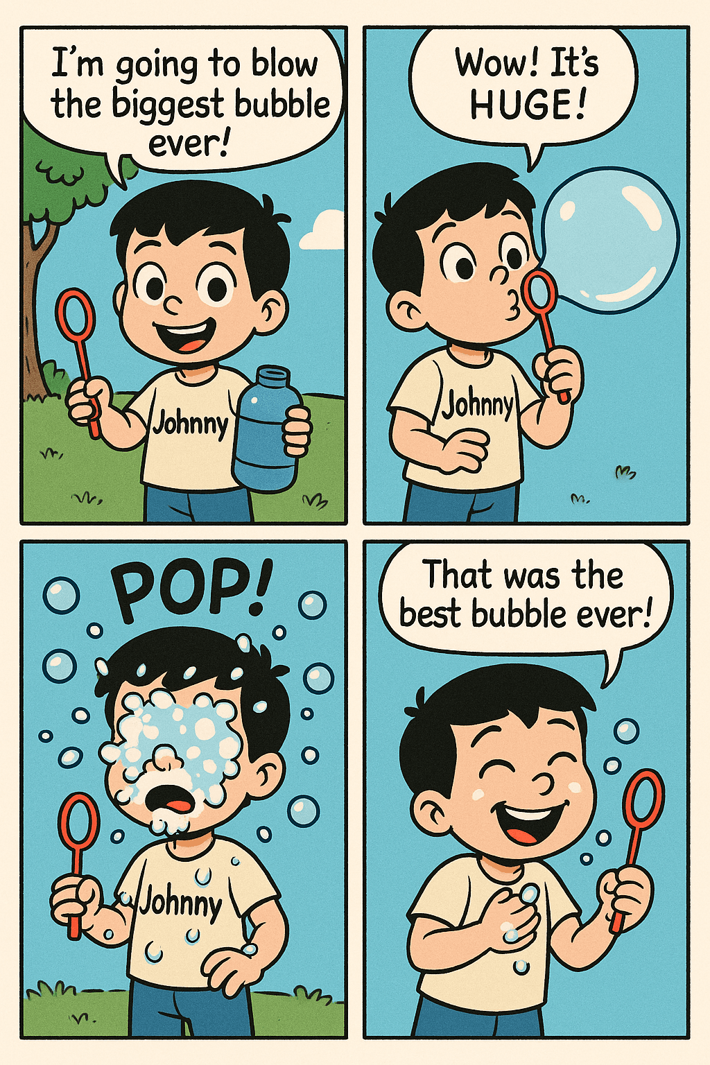"Comic with Johnny" - A multi-panel AI-generated comic starring Johnny. The comic shows: Johnny smiling with wide eyes, wearing a shirt that says "Johnny", is holding a big bubble wand. Bright sunny day, simple background with grass and a tree.
Text (speech bubble): “I’m going to blow the biggest bubble ever!”, then The bubble is very big, almost as big as Johnny's head, and it’s wobbling. Johnny's eyes are wide with excitement.
Text (speech bubble): “Wow! It’s HUGE!”, then Johnny's face is covered in soap bubbles, his eyes closed, mouth open in surprise. Soap bubbles floating around.
Text (sound effect): “POP!”, then Johnny giggling, wiping bubbles off his cheek, happy and playful.
Text (speech bubble): “That was the best bubble ever!”